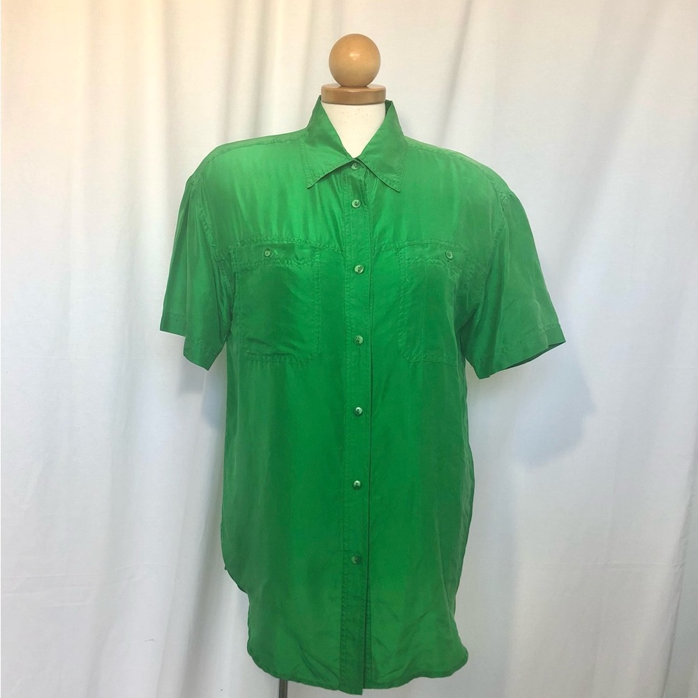 Vintage - 100% Silk Lime Green Button Up Shirt - Size S